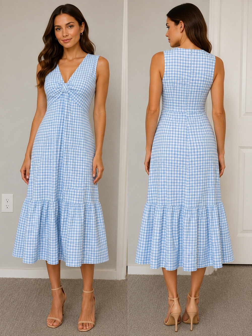Calvin Klein Light Blue Gingham V-Neck Midi Dress Sz 8 - Picture 1 of 9